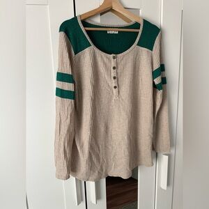 Beige and Green Long Sleeve Thermal Henley Tunic Top with Varsity Stripes